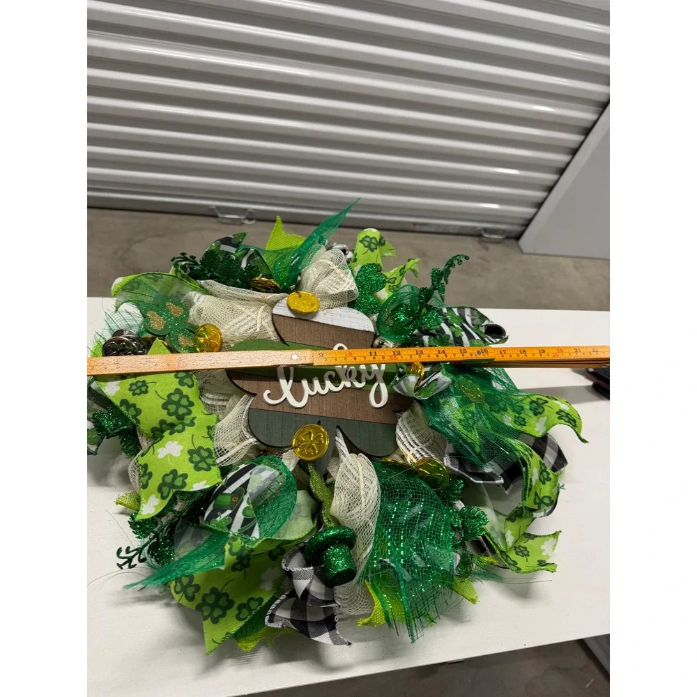 Handmade St Patricks Day Wreath Lucky Shamrock Deco Mesh Green Gold 18 Inch